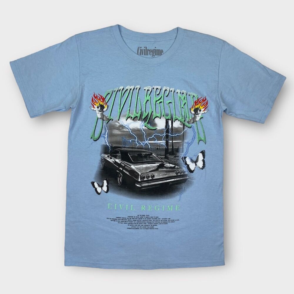 Civil Regime T Shirt Mens Small Civil Cruise Blue Lowrider Graphic Flame Hip Hop - Picture 2 of 12